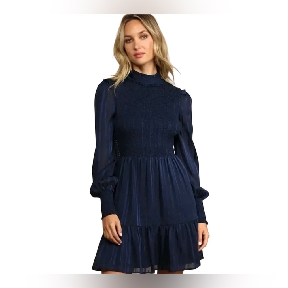 Lulus Mini Dress XS Navy Heartful Romance Navy Striped Smocked Long Sleeve - Picture 1 of 12